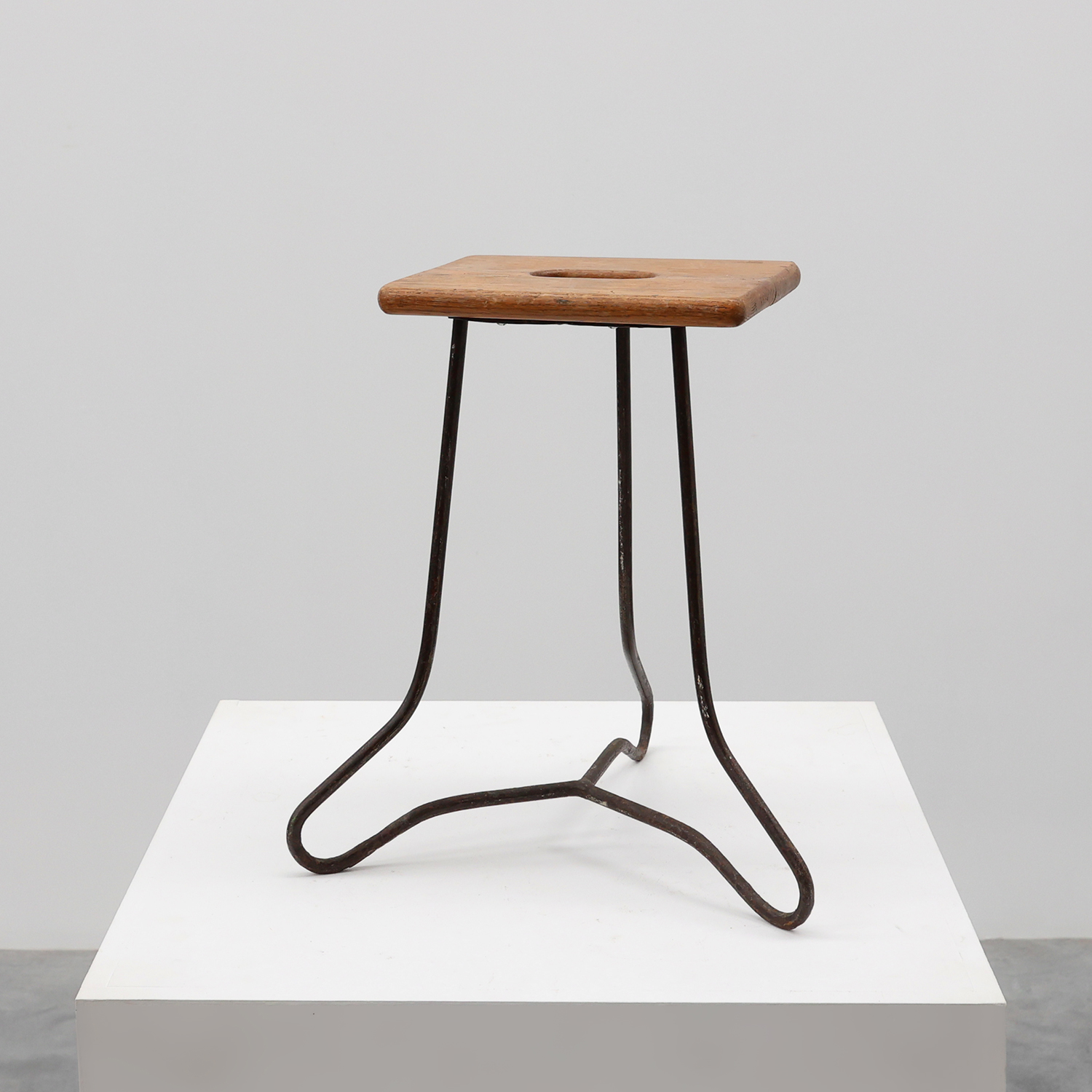 Modernist Industrial Iron and Oak Split Slats Stool, France ca. 1910-img